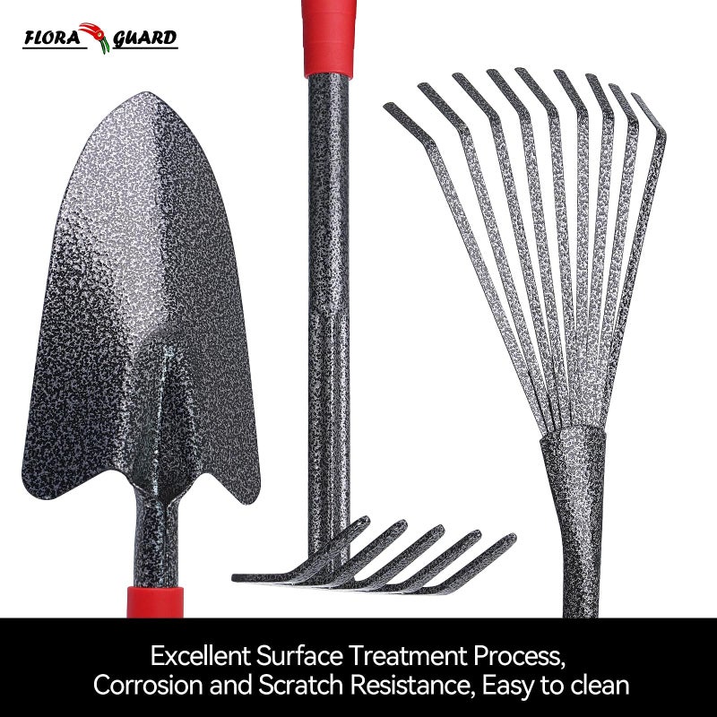 FLORA GUARD Garden Tools Set, 6-Piece Heavy Duty Gardening Hand Tools with Soft Rubber Handle, Includes Trowel, Rake, 2-in-1 Hoe & Crack Weeder, Durable Yard Tools, Essentials Garden Gift Men Women - Image 4